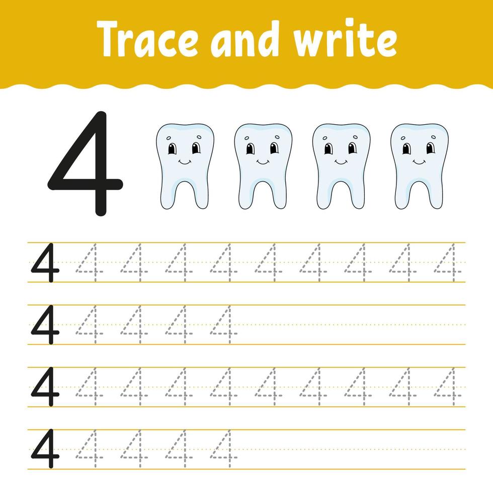 Trace and write. Handwriting practice. Learning numbers for kids. Education developing worksheet. Activity page. Game for toddlers and preschoolers. Isolated vector illustration in cute cartoon style.