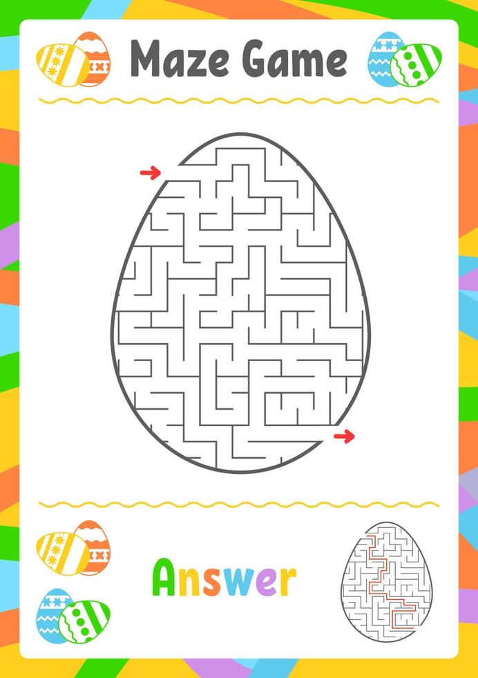 Black oval labyrinth. Kids worksheets. Activity page. Game puzzle for children. Egg, holiday, Easter. Maze conundrum. Vector illustration. With answer.