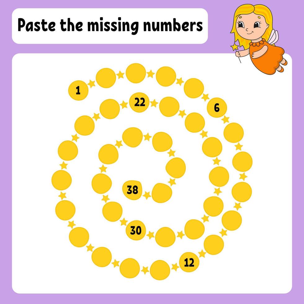 Paste the missing numbers. Handwriting practice. Learning numbers for kids. Education developing worksheet. Activity page. Game for children. Isolated vector illustration in cute cartoon style.