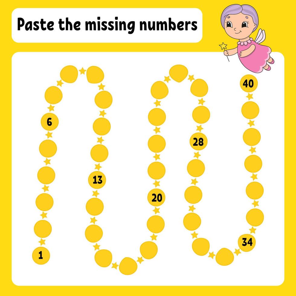 Paste the missing numbers. Handwriting practice. Learning numbers for kids. Education developing worksheet. Activity page. Game for children. Isolated vector illustration in cute cartoon style.