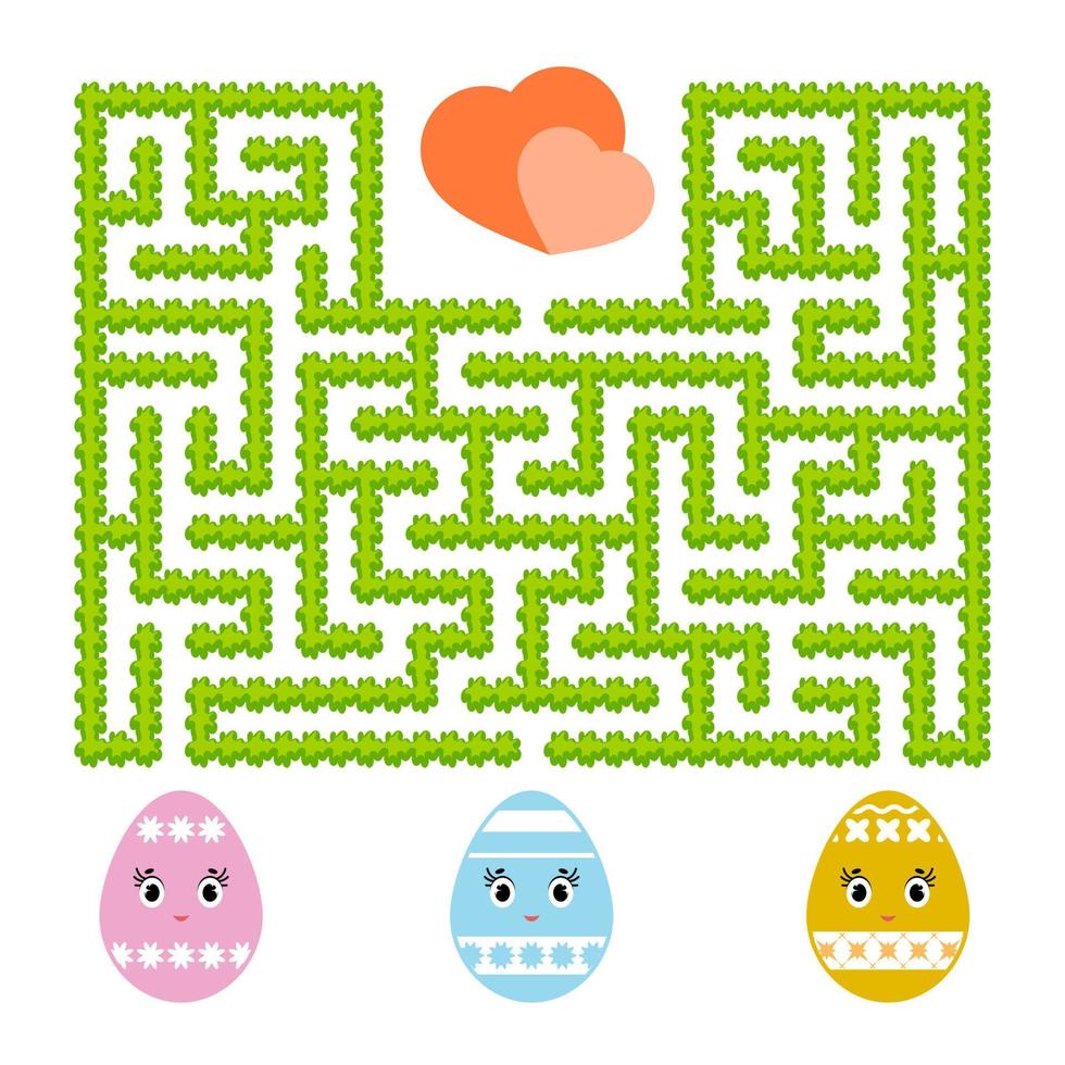 Color abstract labyrinth. Kids worksheets. Activity page. Game puzzle for children. Cute egg toon, the way to the heart, holiday, Easter, garden. Maze conundrum. Vector illustration.