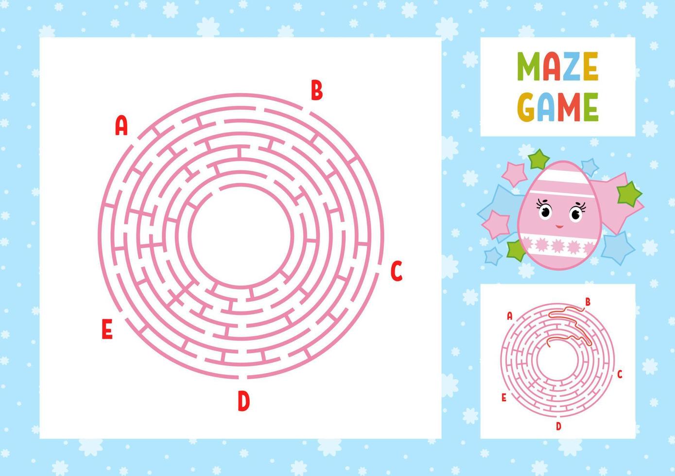 Color round labyrinth. Kids worksheets. Activity page. Game puzzle for children. Cute cartoon egg. Holiday Easter. Maze conundrum. Vector illustration. With answer. With place for your image.