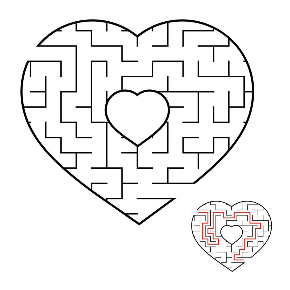 Abstract heart shaped labyrinth. Game for kids and adults. Puzzle for children. Labyrinth conundrum. Flat vector illustration isolated on white background. Love search concept. With answer.