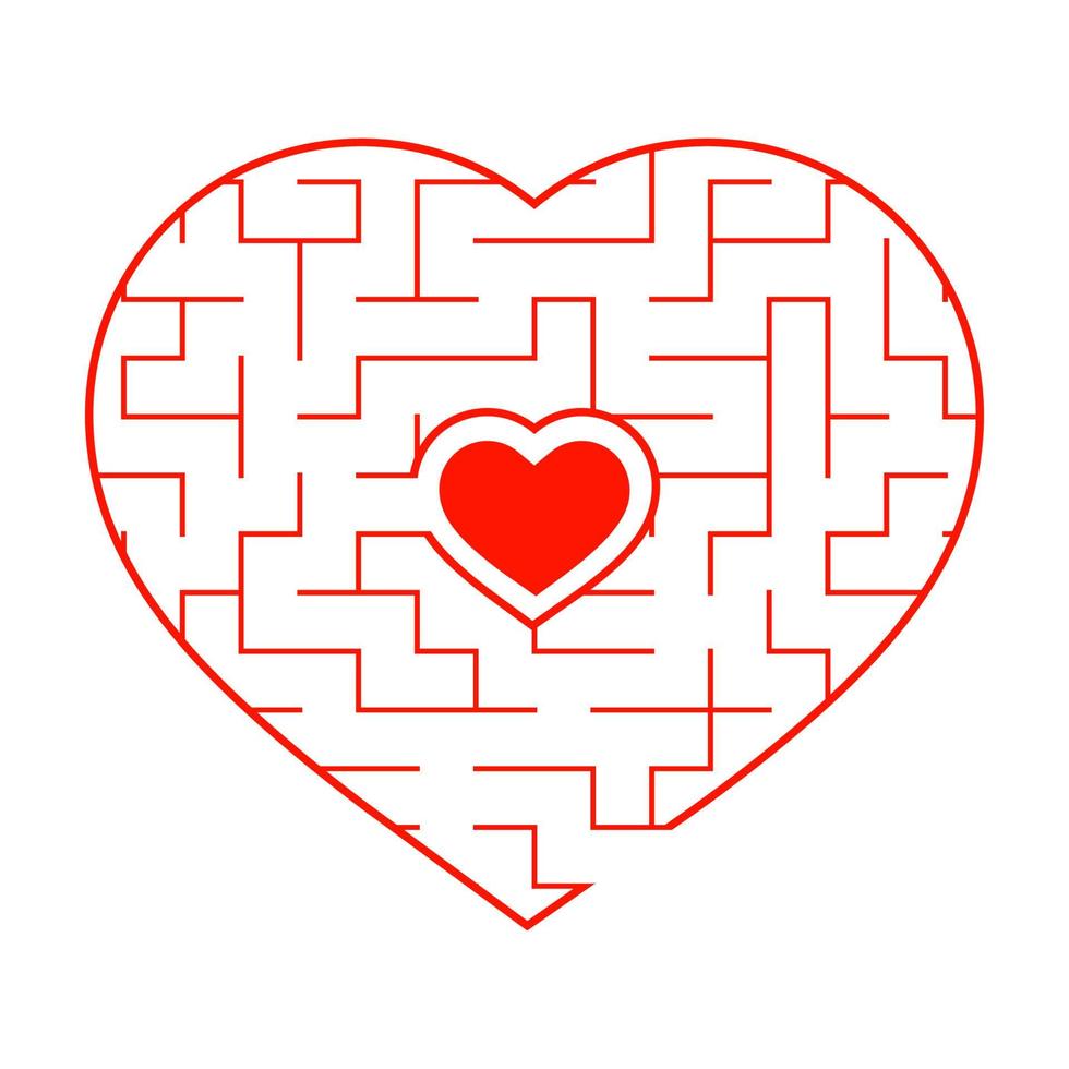 Red heart shaped labyrinth. Game for kids and adults. Puzzle for children. Labyrinth conundrum. Flat vector illustration isolated on white background. Love search concept.