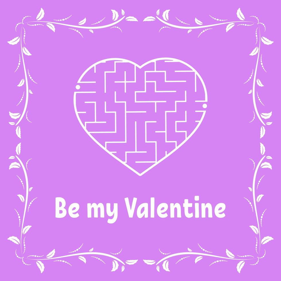 Color greeting card with heart shaped labyrinth. Happy Valentine's Day. Game for kids and adults. Puzzle for children. Maze conundrum. Vector illustration. Vintage frame.