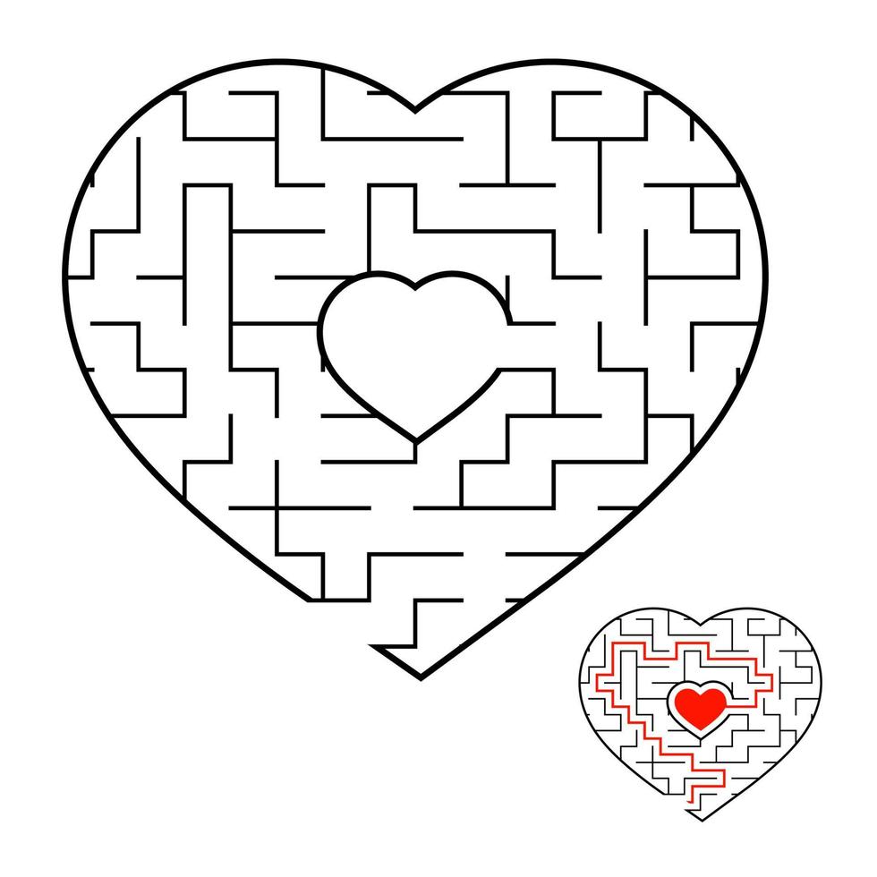 Abstract heart shaped labyrinth. Game for kids and adults. Puzzle for children. Labyrinth conundrum. Flat vector illustration isolated on white background. Love search concept. With answer.
