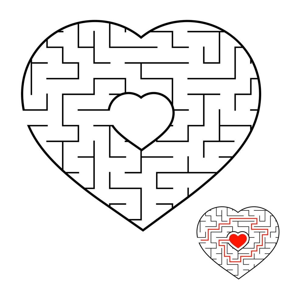 Abstract heart shaped labyrinth. Game for kids and adults. Puzzle for children. Labyrinth conundrum. Flat vector illustration isolated on white background. Love search concept. With answer.