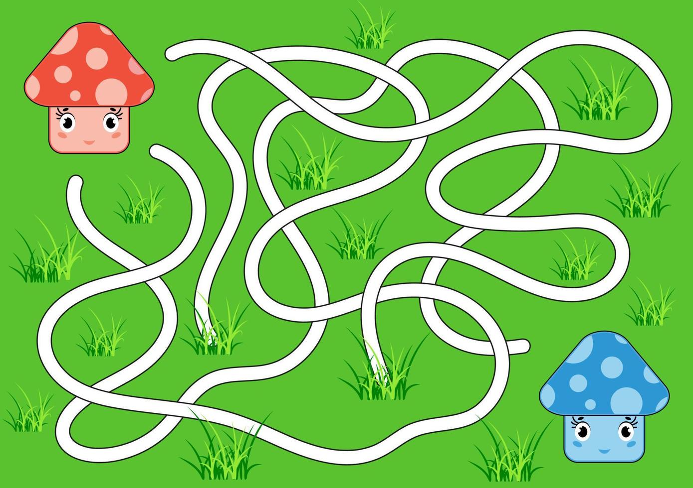 Color abstract maze. Help the red mushroom to reach the blue mushroom. Kids worksheets. Activity page. Game puzzle for children. Cartoon style. Labyrinth conundrum. Vector illustration.