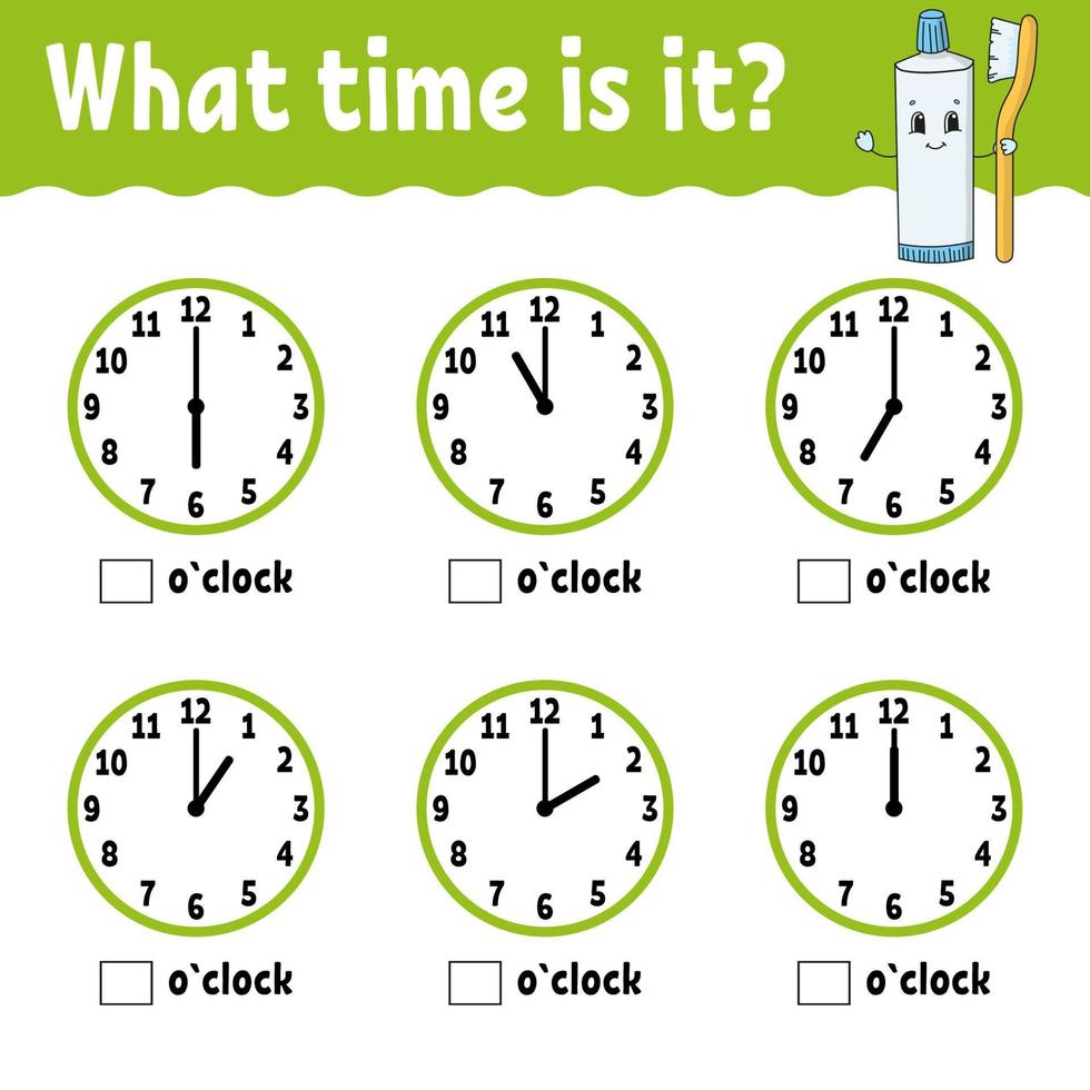 Learning time on the clock. Educational activity worksheet for kids and toddlers. Game for children. Simple flat isolated vector illustration in cute cartoon style.