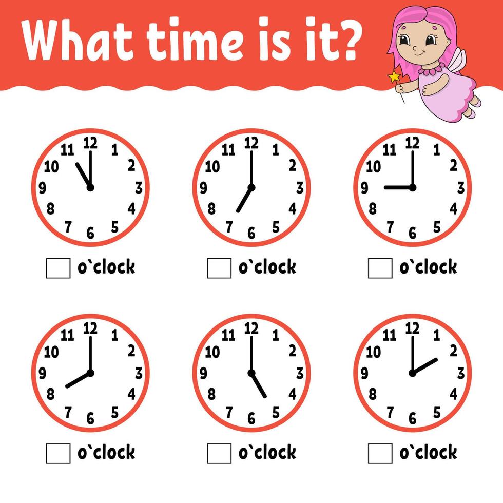 aprender el tiempo en el reloj. hoja de trabajo de actividades educativas para niños y niños pequeños. juego para niños. Ilustración de vector aislado plano simple en estilo de dibujos animados lindo.