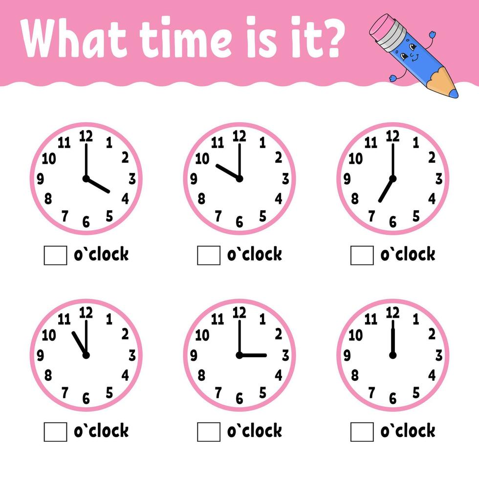 aprender el tiempo en el reloj. hoja de trabajo de actividades educativas para niños y niños pequeños. juego para niños. Ilustración de vector aislado plano simple en estilo de dibujos animados lindo.