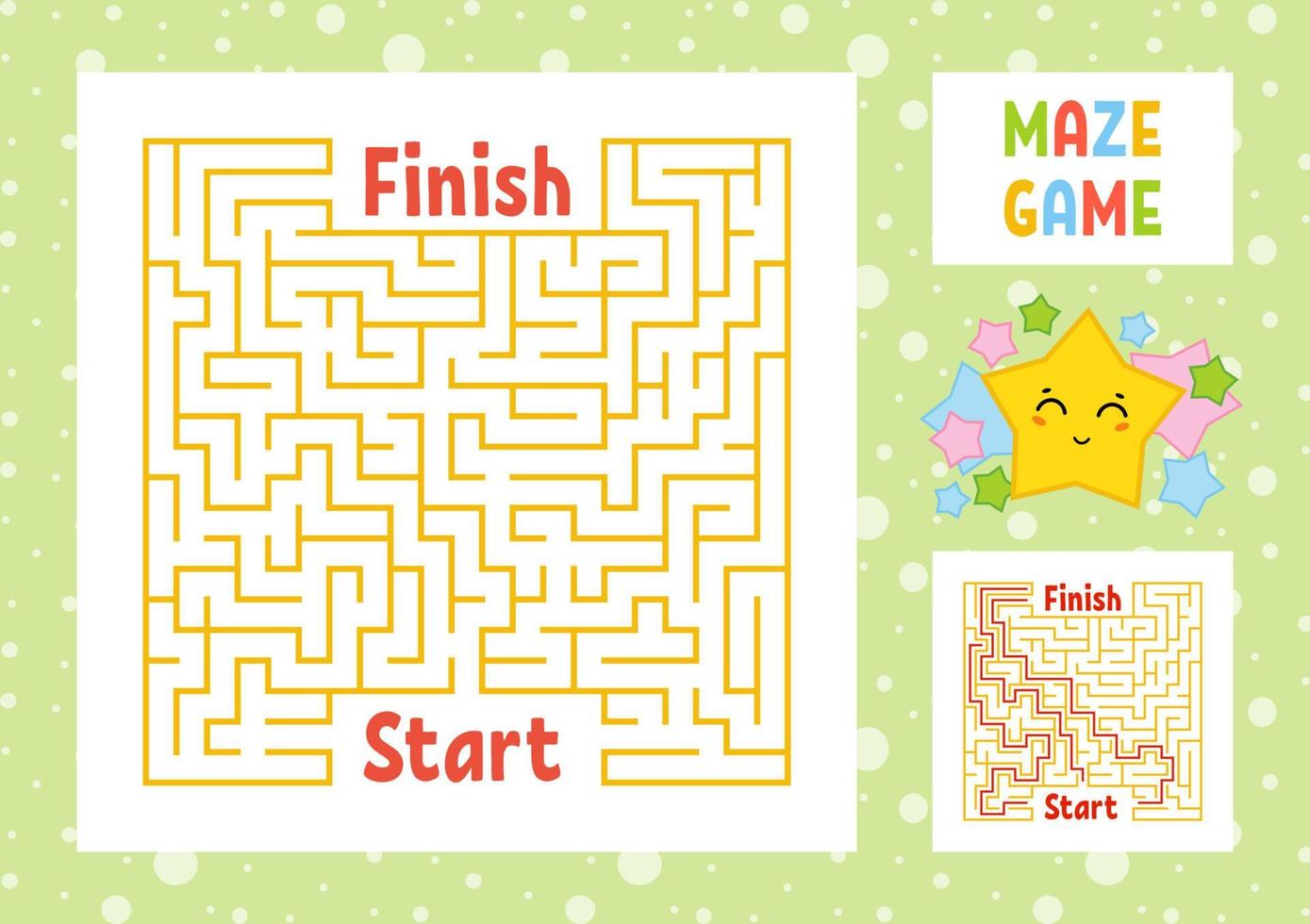 Color square maze. Find the right path from start to finish. Kids worksheets. Activity page. Game puzzle for children. Cute cartoon star. Labyrinth conundrum. Vector illustration. With answer.