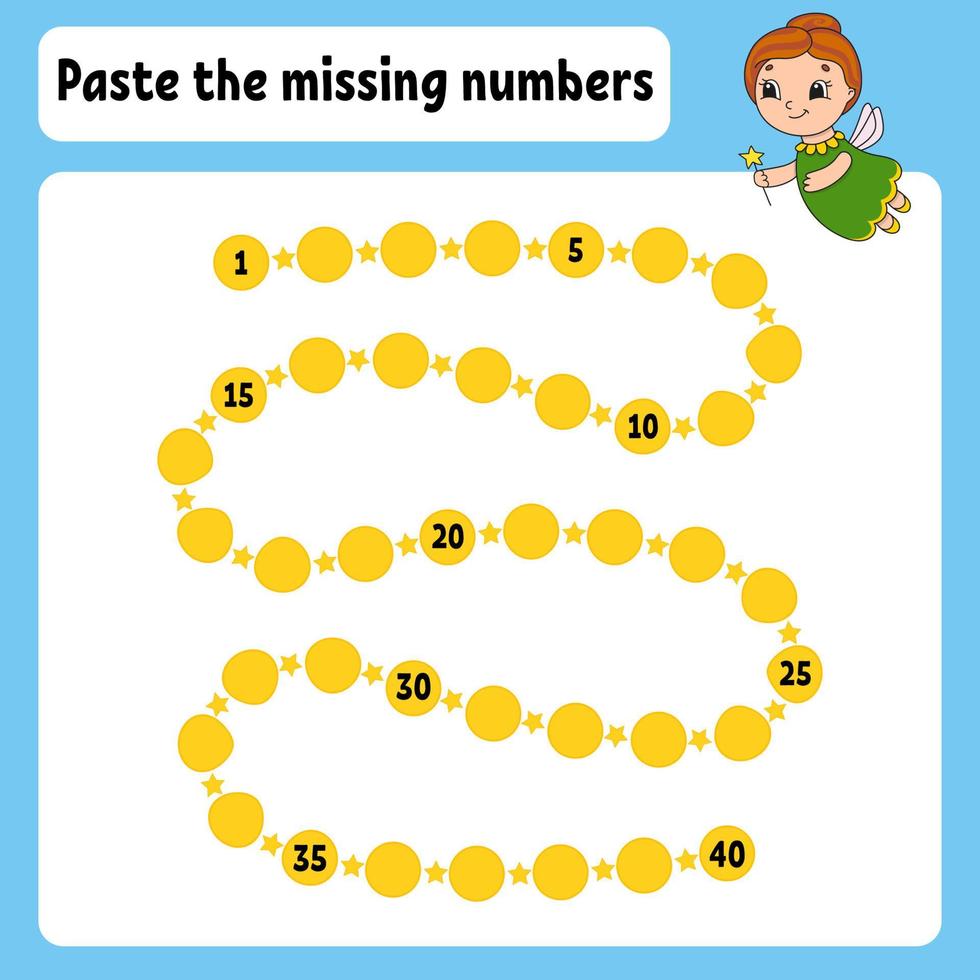 Paste the missing numbers. Handwriting practice. Learning numbers for kids. Education developing worksheet. Activity page. Game for children. Isolated vector illustration in cute cartoon style.