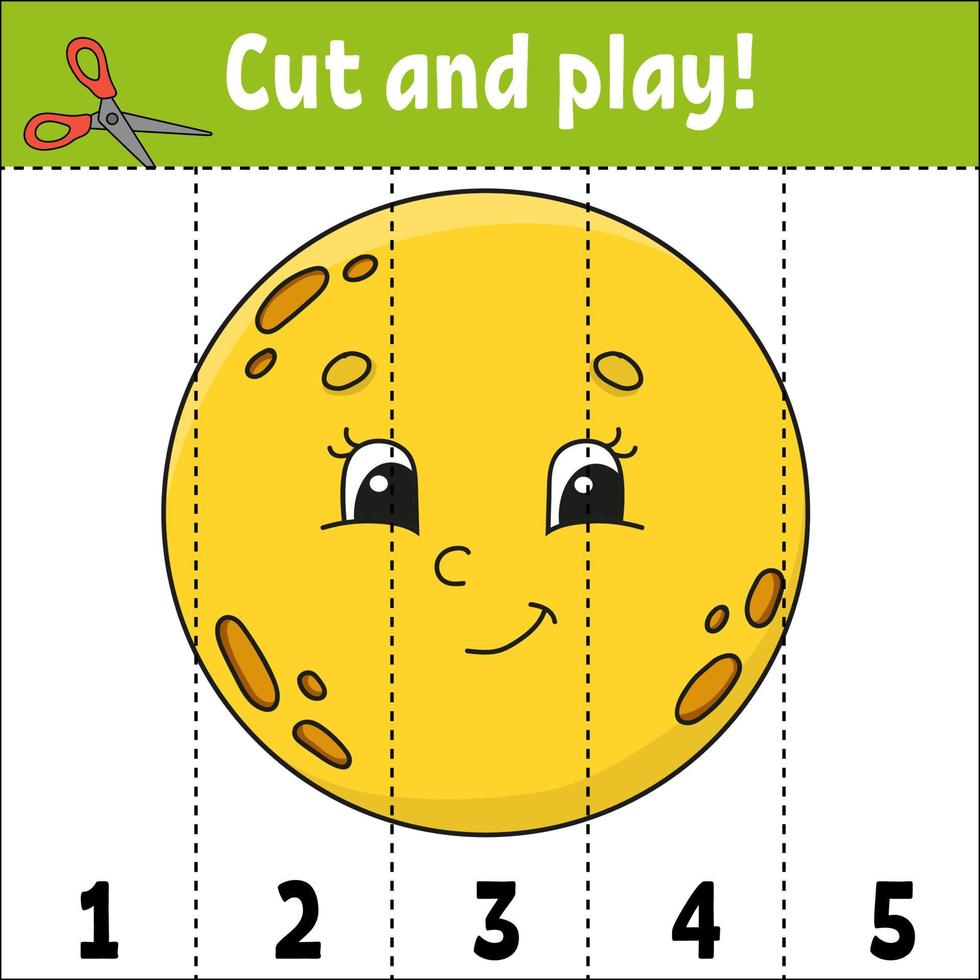 Learning numbers. Cut and play. Education developing worksheet. Game for kids. Activity page. Puzzle for children. Riddle for preschool. Flat isolated vector illustration. Cute cartoon style.