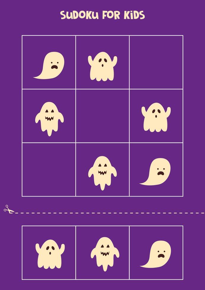 Sudoku game for kids with Halloween ghosts. vector