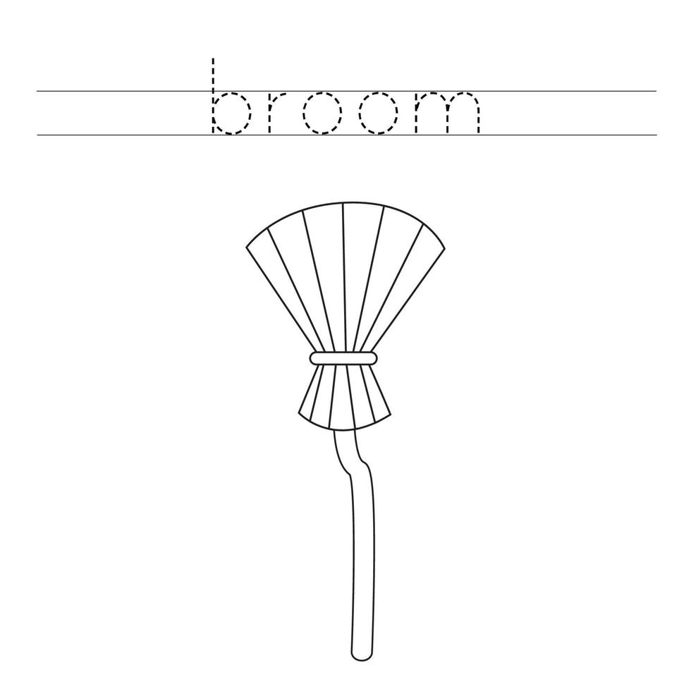 Trace the letters and color broom. Handwriting practice for kids. vector