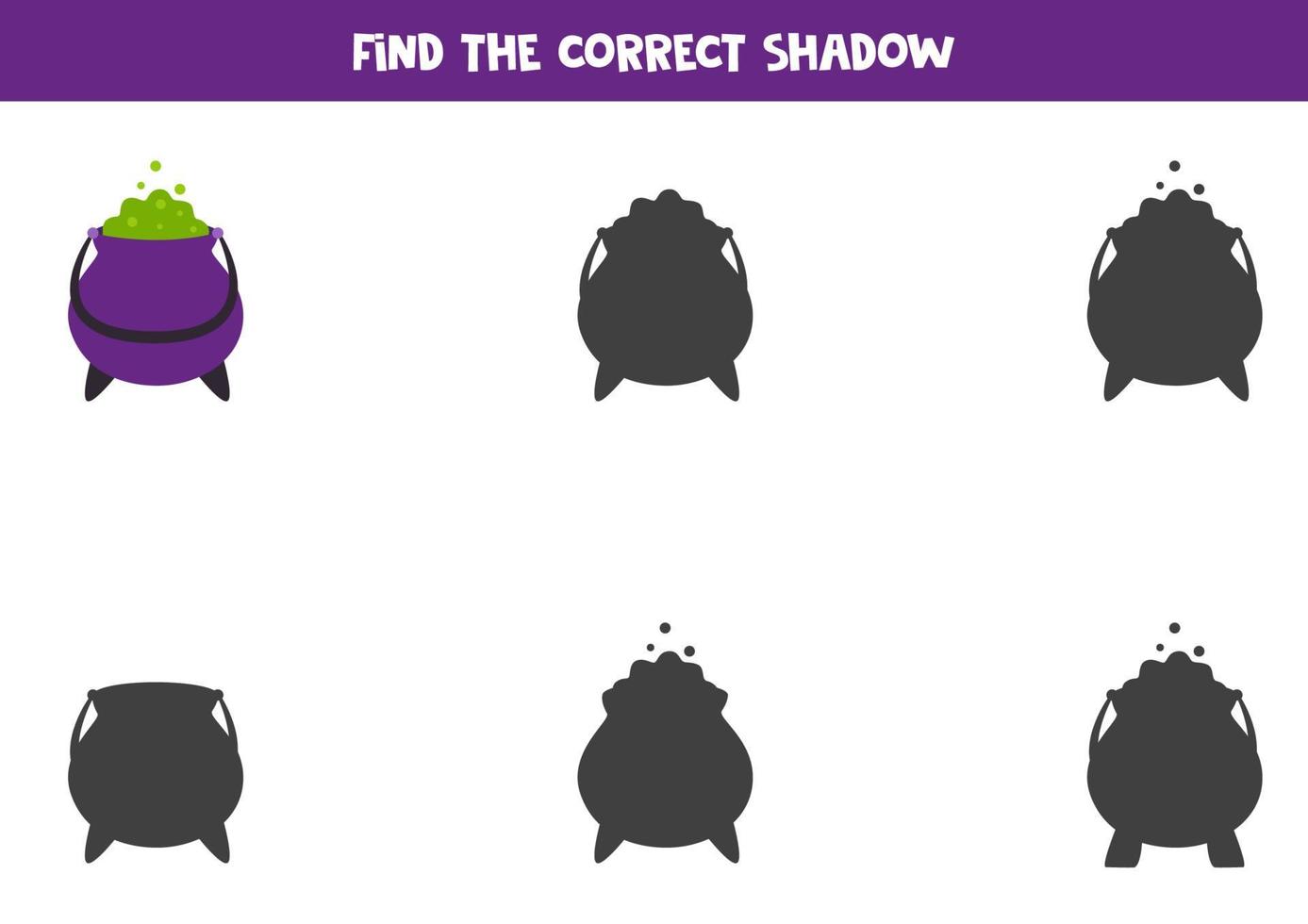 encuentra la sombra correcta del caldero de halloween. rompecabezas lógico para niños. vector