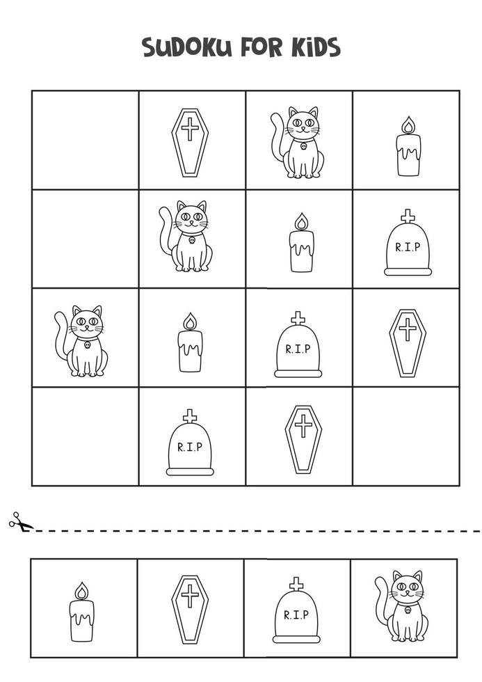 Sudoku game for kids with cute black and white Halloween pictures vector