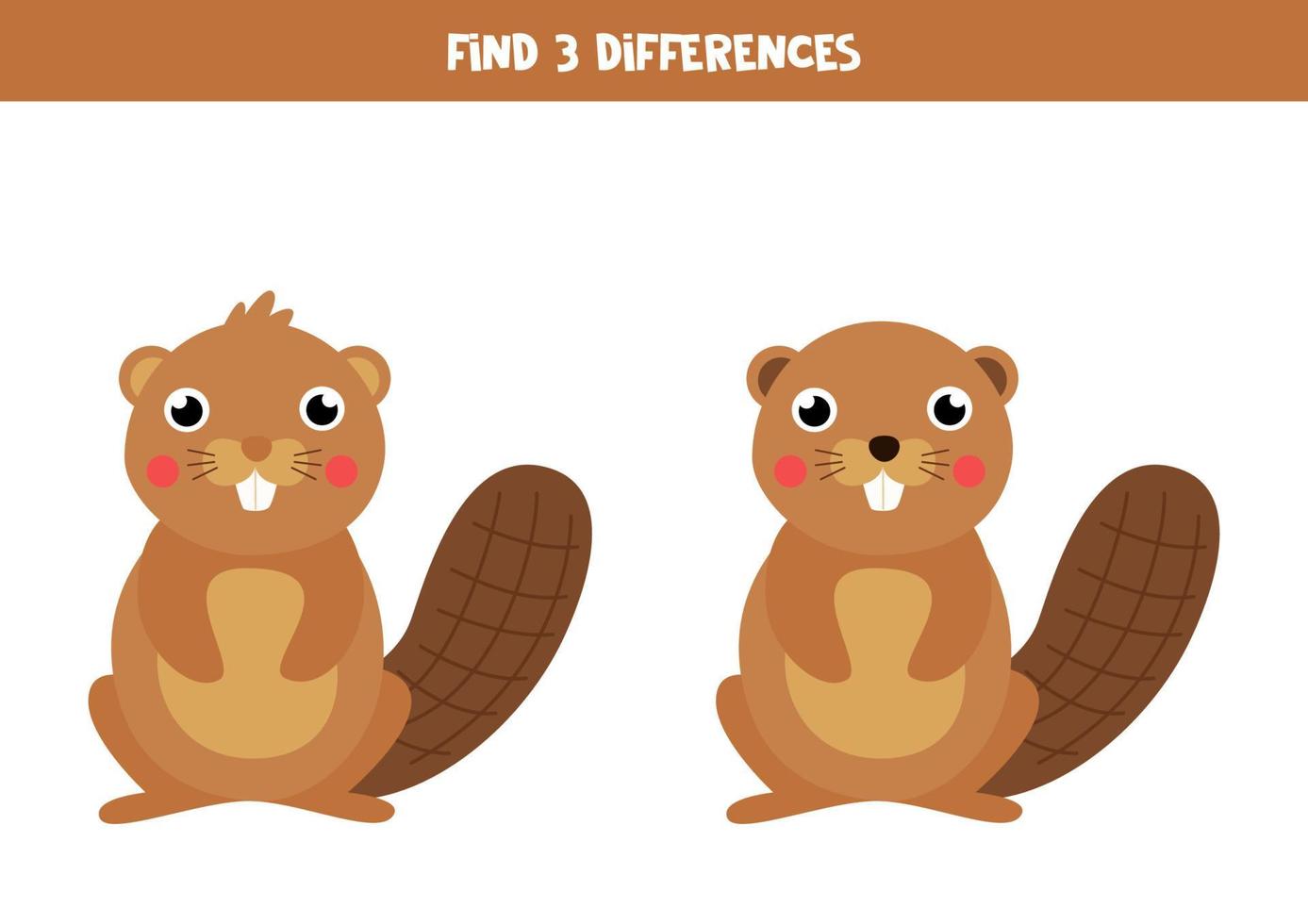 Find 3 differences between two cartoon beavers. vector