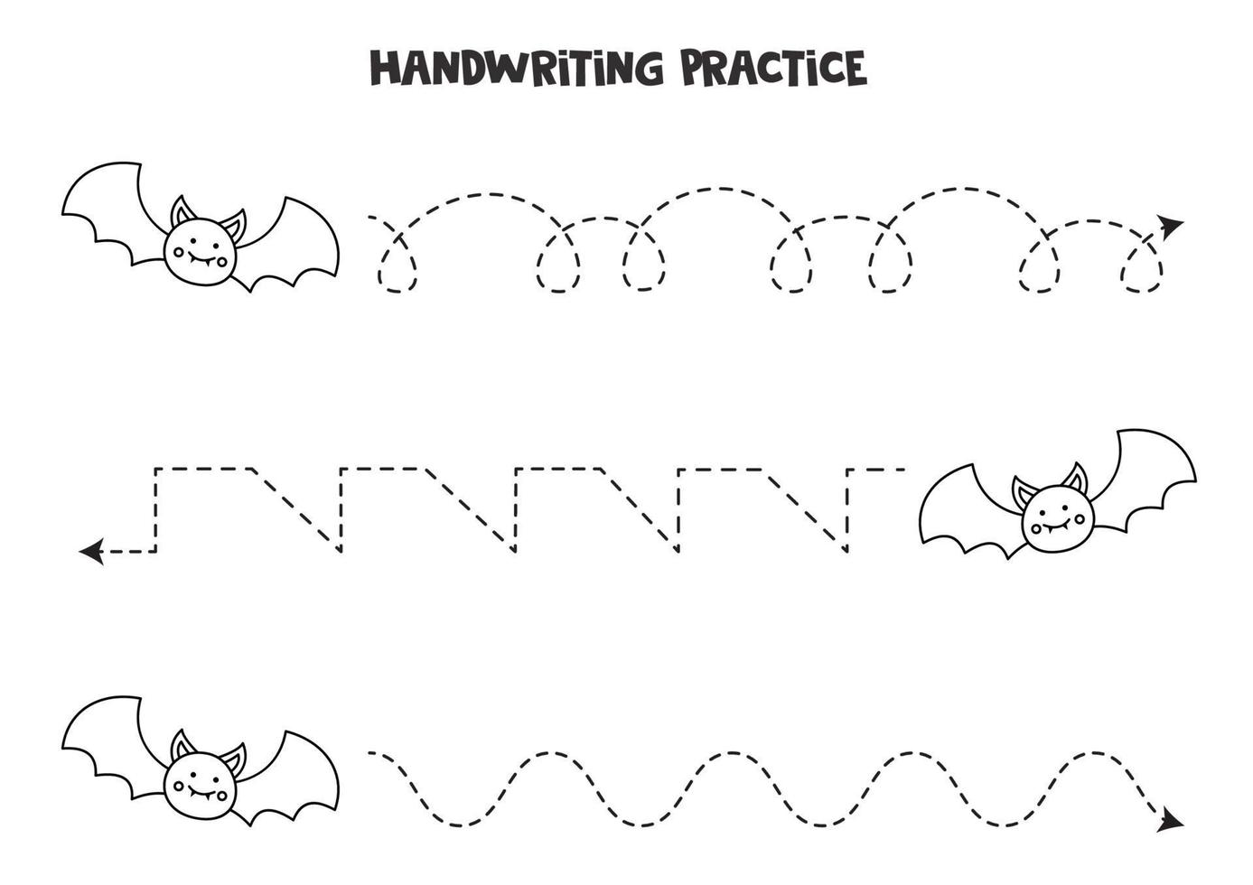 trazando líneas con lindos murciélagos en blanco y negro. Practica de la escritura. vector