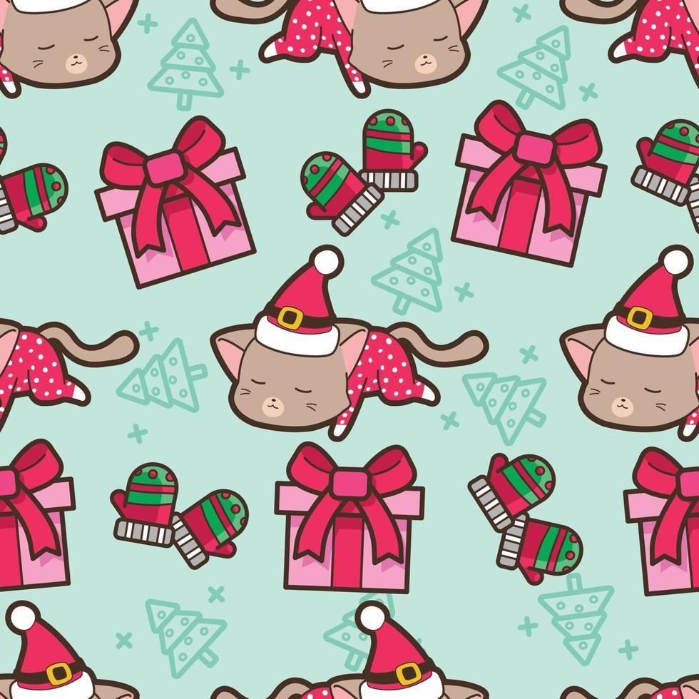 Seamless cat and Christmas gift pattern vector