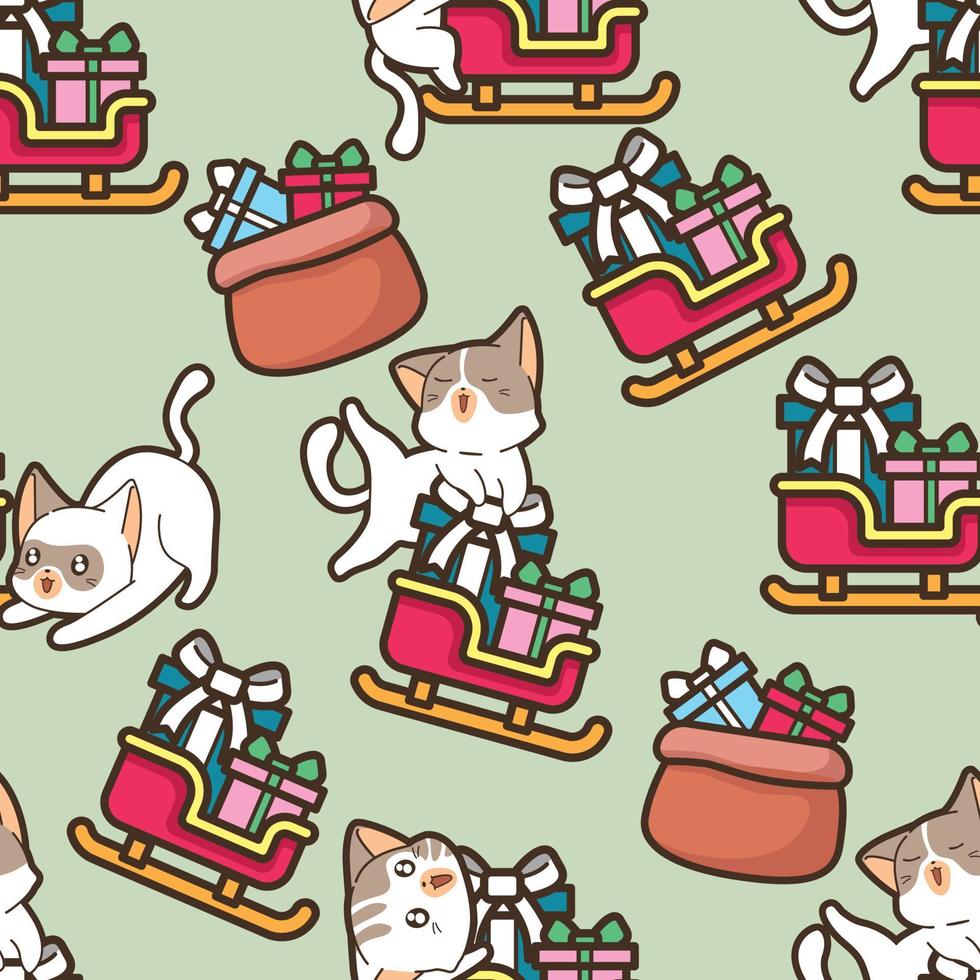 Seamless cat with sleigh in Christmas day pattern vector