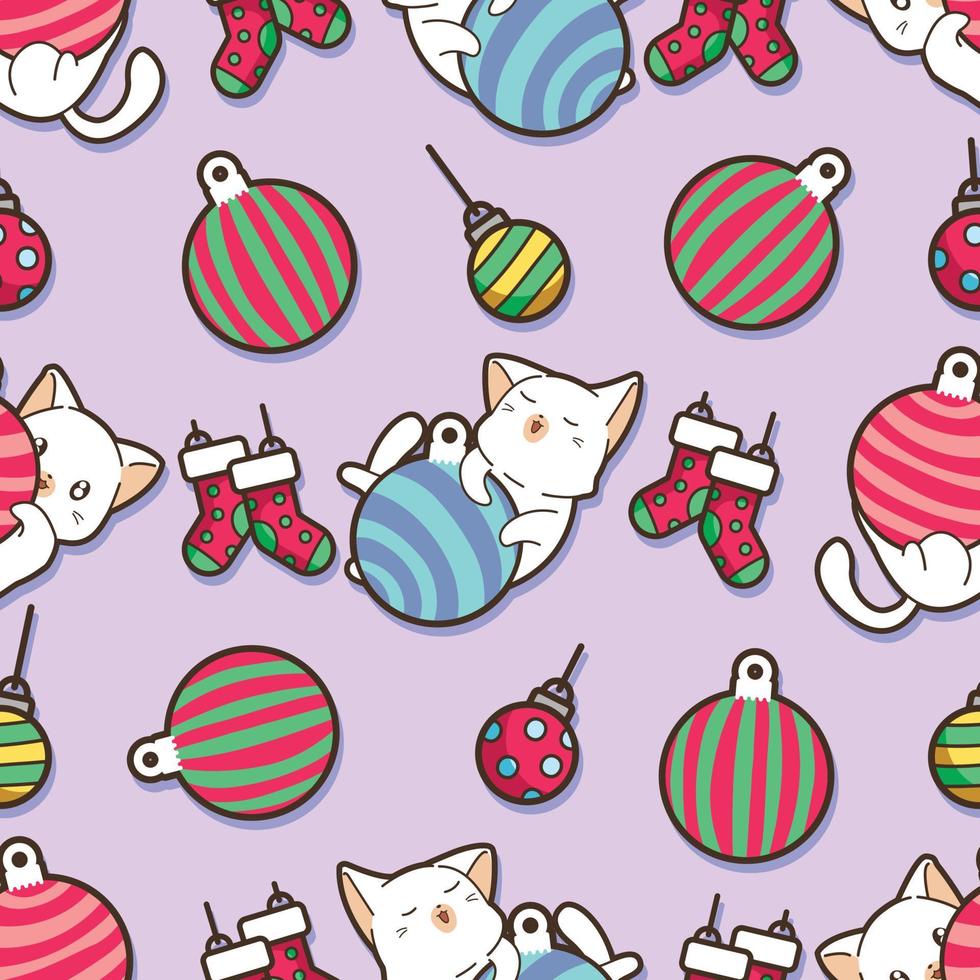 patrón de bola de navidad y gato sin costuras vector