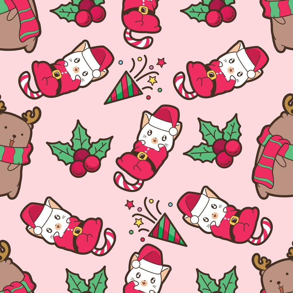 Seamless Santa Claus cat and reindeer with Christmas day pattern vector