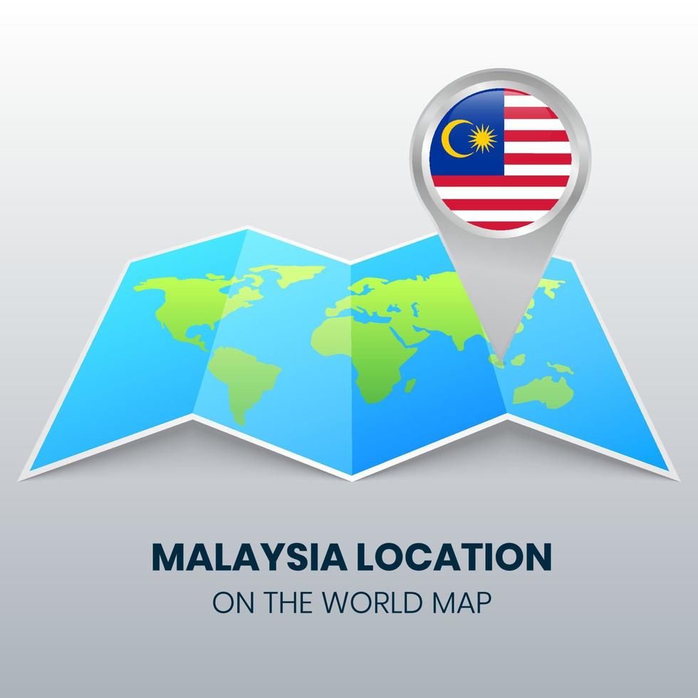 icono de ubicación de malasia en el mapa mundial, icono de pin redondo de malasia vector