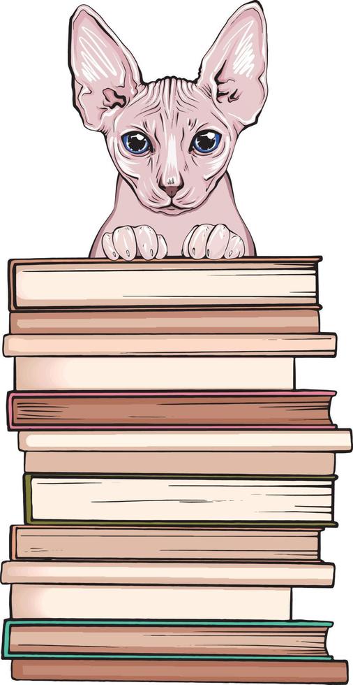 Sphinx cat with books for education. Cat holds books with it's paws vector