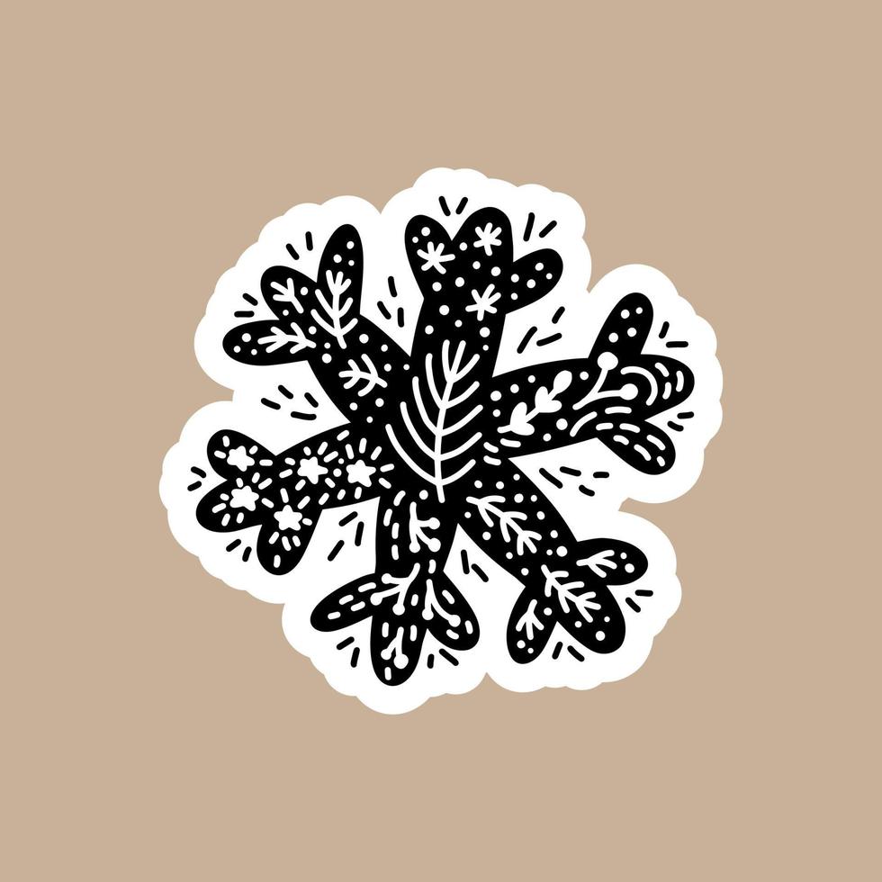 etiqueta engomada del vector negro de Navidad con copo de nieve lindo. personaje de insignia escandinavo dibujado a mano para cuaderno, álbum de recortes o planificador. Ilustración aislada gráfica plana