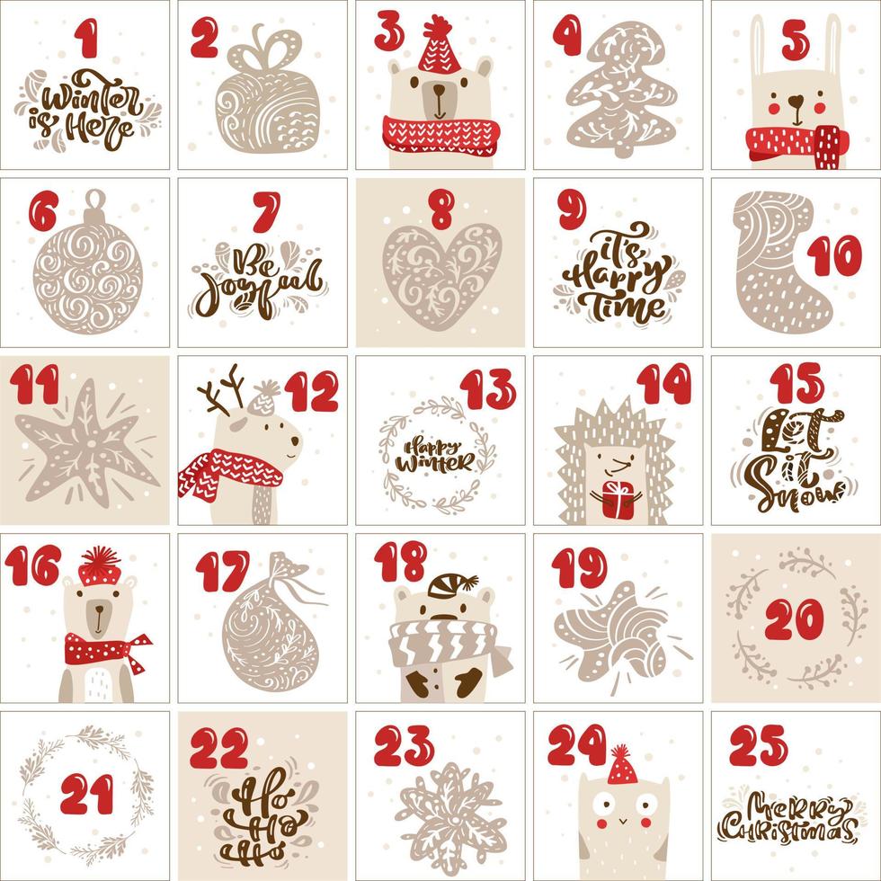 feliz navidad vector adviento calendario escandinavo para niños con elementos nórdicos de invierno dibujados a mano búho, taza corazón sombrero bota, campana de regalo velas de ciervo, bola estrella corona de muñeco de nieve, oso de copo de nieve, erizo