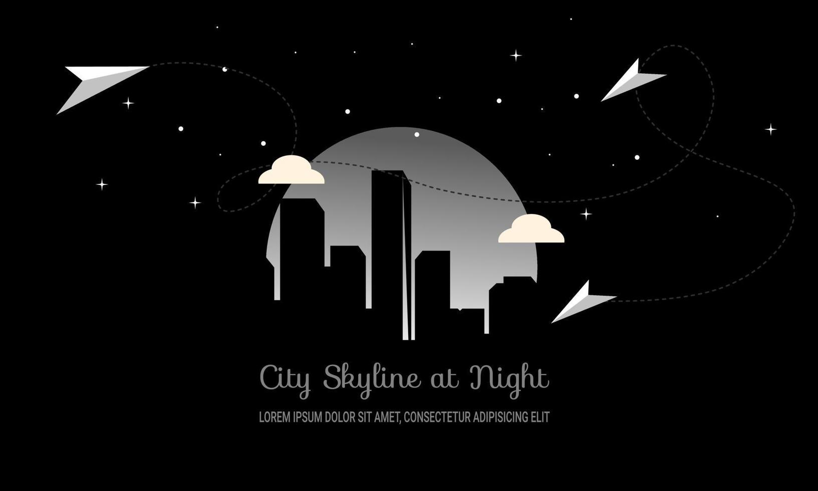 Fondo de silueta de ciudad de noche con luna llena para negocios y fondo abstracto de banner con ilustración de vector de silueta de ciudad