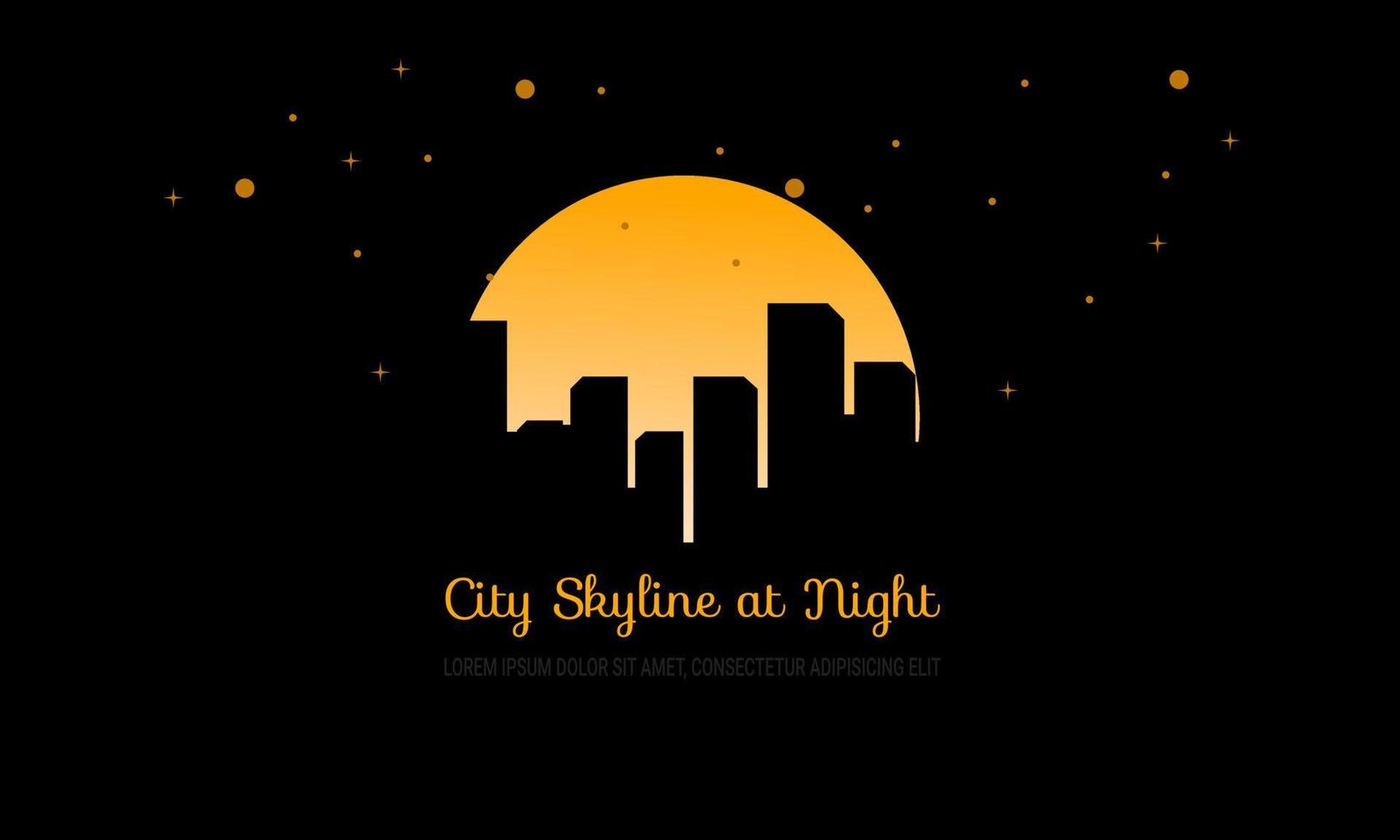 Fondo de silueta de ciudad de noche con luna llena para negocios y fondo abstracto de banner con ilustración de vector de silueta de ciudad