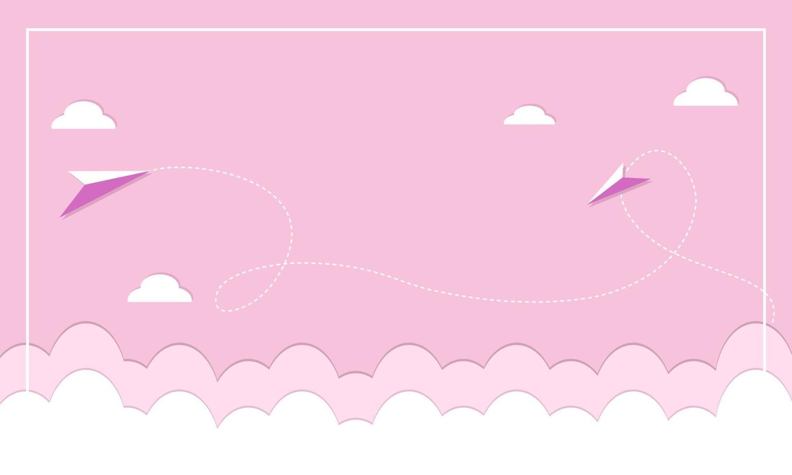 lindo papel cortado fondo de cielo rosa con aviones de papel para banner. ilustración vectorial vector