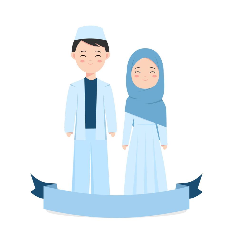 linda pareja musulmana en traje azul y hermoso hijab para boda o invitación de compromiso. reserva. ilustración vectorial de novios vector