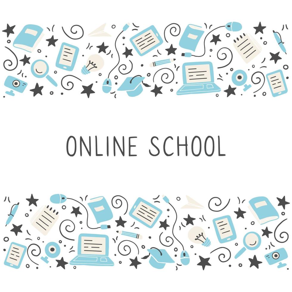 Hand drawn set of online education elements. Vector illustration.