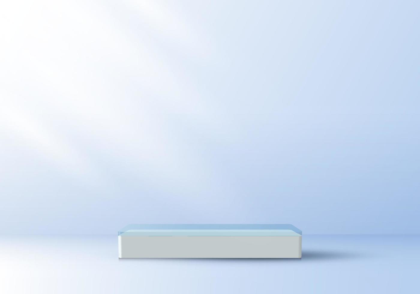 Podio de pedestal blanco de pantalla elegante realista 3d en transparencia superior sobre fondo de sala de estudio de color azul suave vector