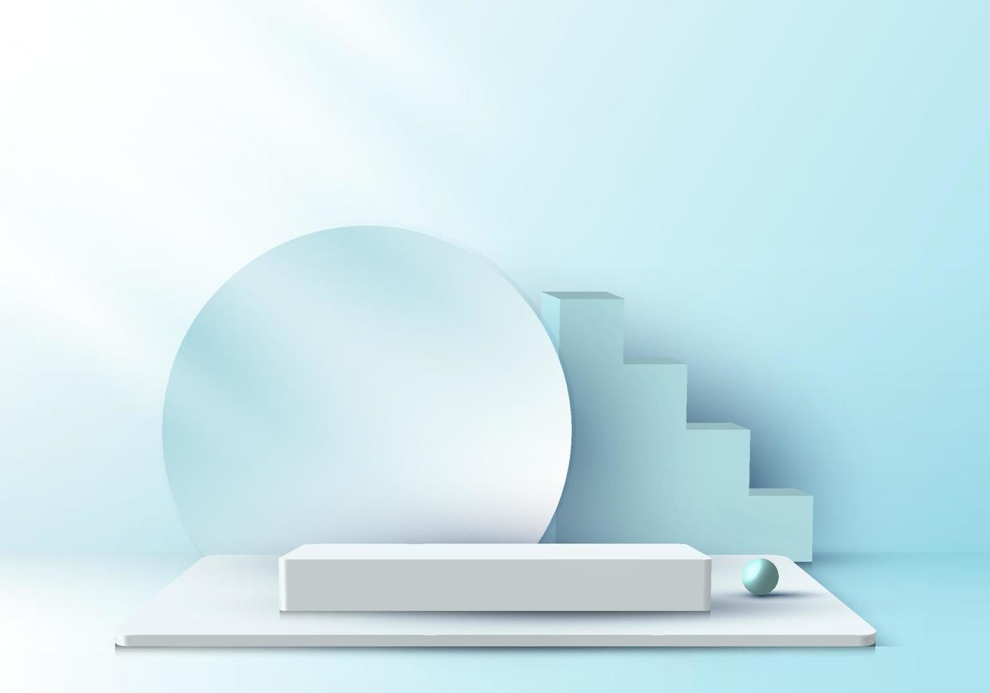 Podio de pedestal blanco de pantalla elegante realista 3d con fondo de círculo sobre fondo de sala de estudio de color azul suave vector