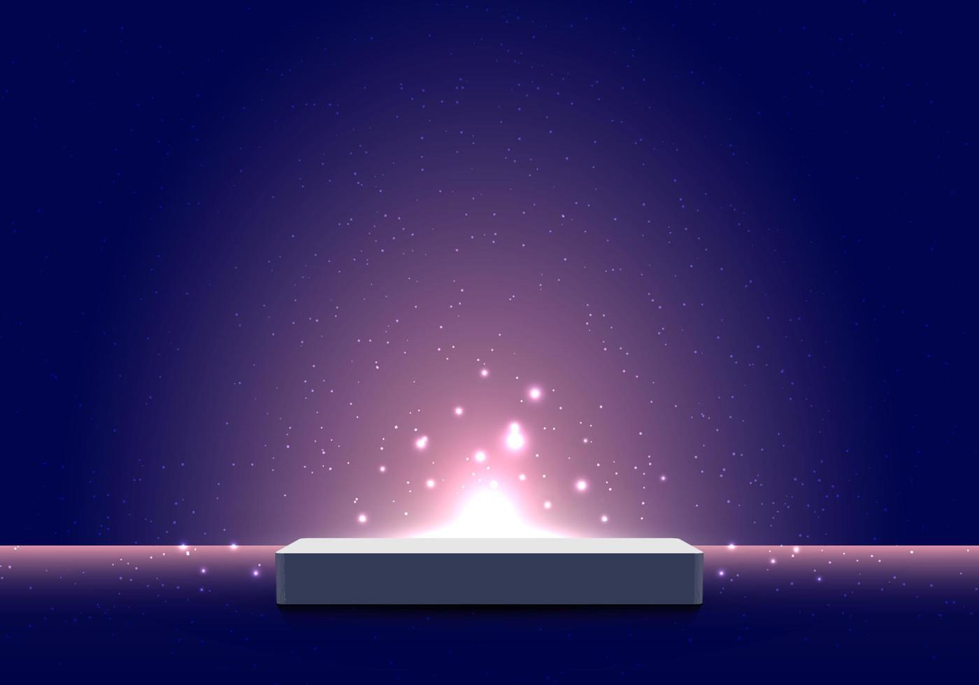 3D realistic pedestal podium with light burst illumination partlcles on dark blue background vector