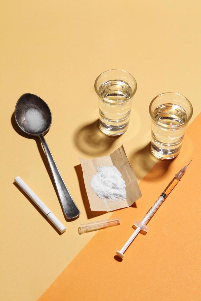 Cocaine in paper and equipment on color background, Background from cocaine party photo