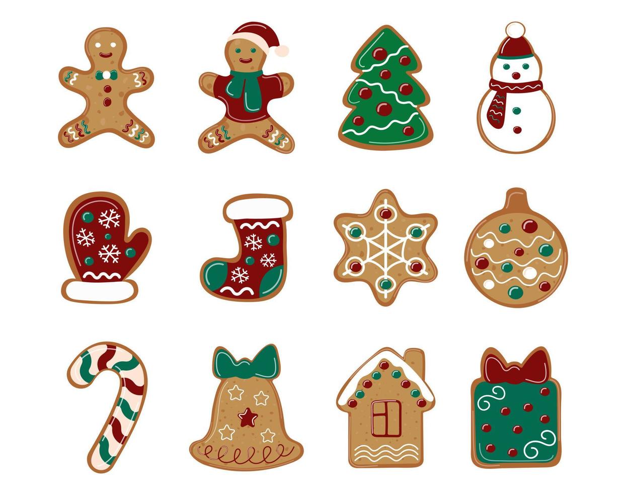 Set of Christmas gingerbread. Ginger man, tree and other New year cookies. Traditional Christmas bakery. Isolated elements for design. Vector collection