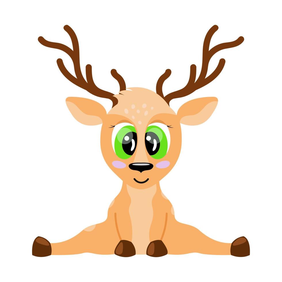 Cute Deer isolated. Cartoon baby animal with horns. Deer sitting and smiling. Vector illustration