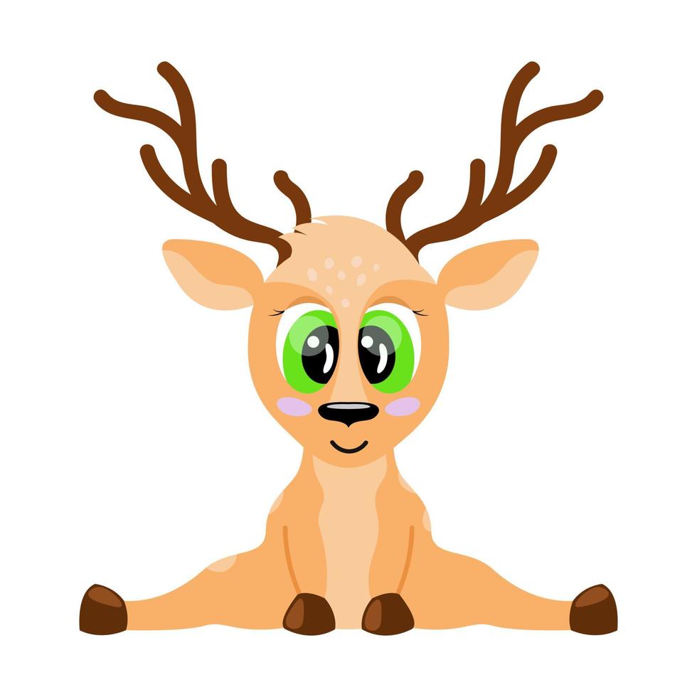 Cute Deer isolated. Cartoon baby animal with horns. Deer sitting and smiling. Vector illustration