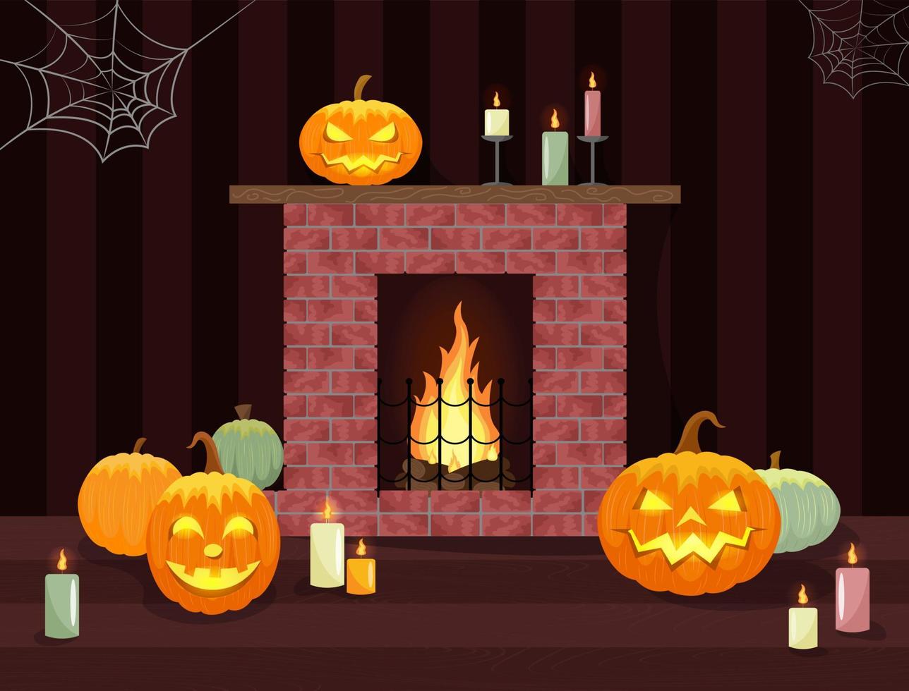 Fireplace and pumpkins. Cozy home in autumn. Harvesting concept. Pumpkin composition next to brick hearth. Vector illustration