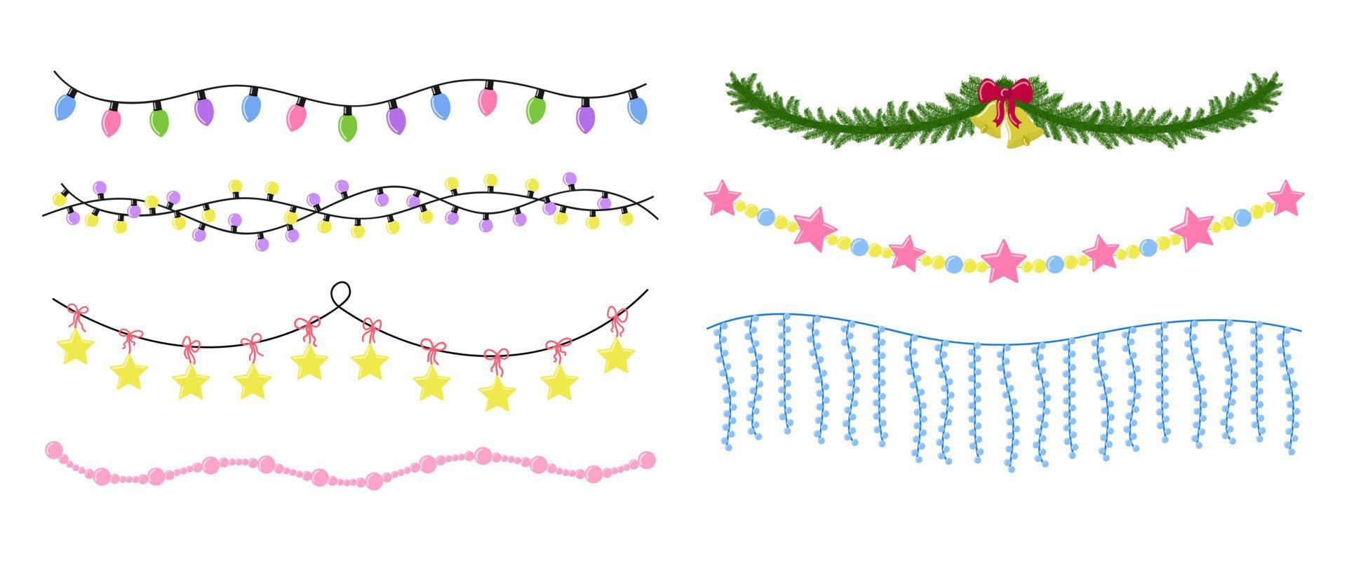 Christmas garlands set. Hanging New Year decorations isolated. Christmas lights and tree ornaments. Vector garland collection