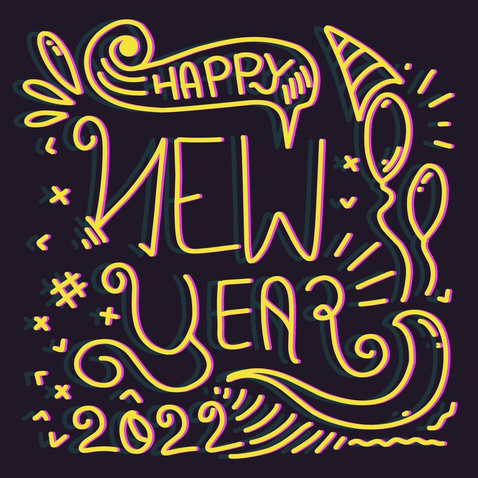 Happt new year 2022 hand drawn neon line vector