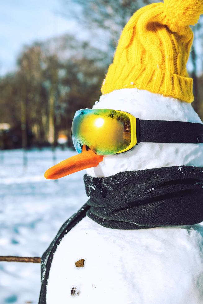 Snow man with ski goggles photo