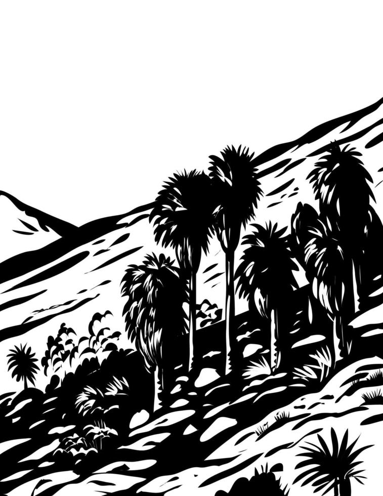 Fortynine palms oasis trail en el parque nacional joshua tree california usa wpa xilografía arte en blanco y negro vector