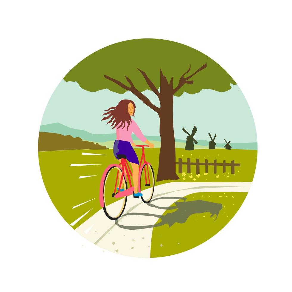 niña montando bicicleta hasta árbol círculo retro vector